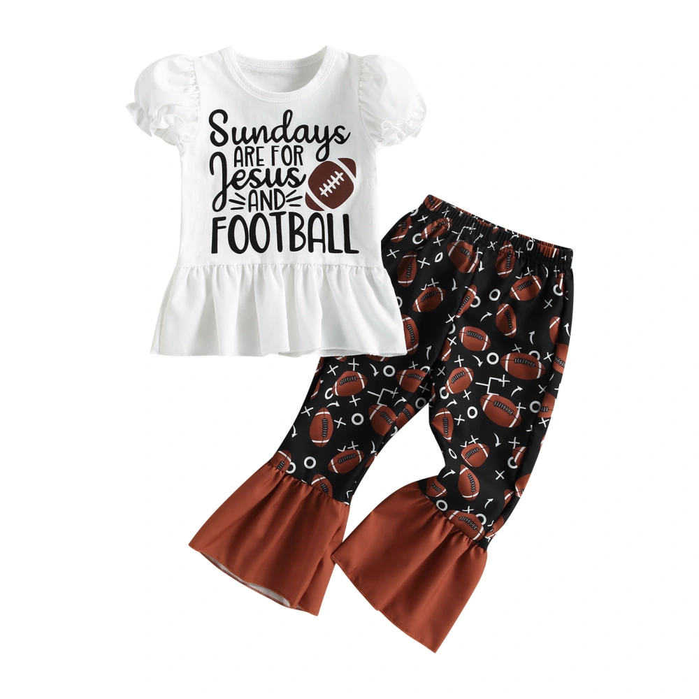 Girl Short Sleeve Rugby Ruffled Tops + Bell-Bottoms Pants Outfit 