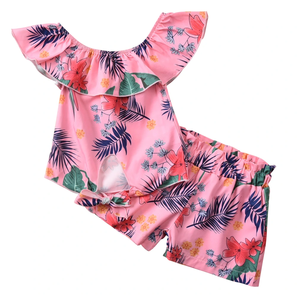 Girls Flower Leaves Print Off Shoulder Neck Ruffle Blouse Short Pant