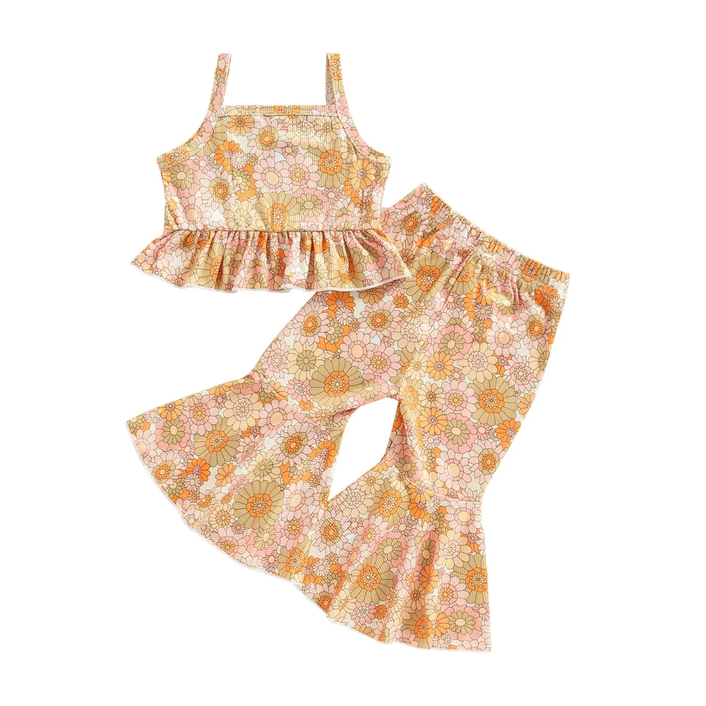 Girls Summer Outfits Summer Flower Camisole and Elastic Flared Pants