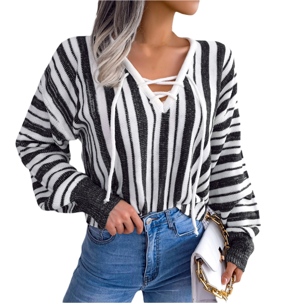 Women Sweater Knit Pullover Long Sleeve V Neck Lacing Striped Tops