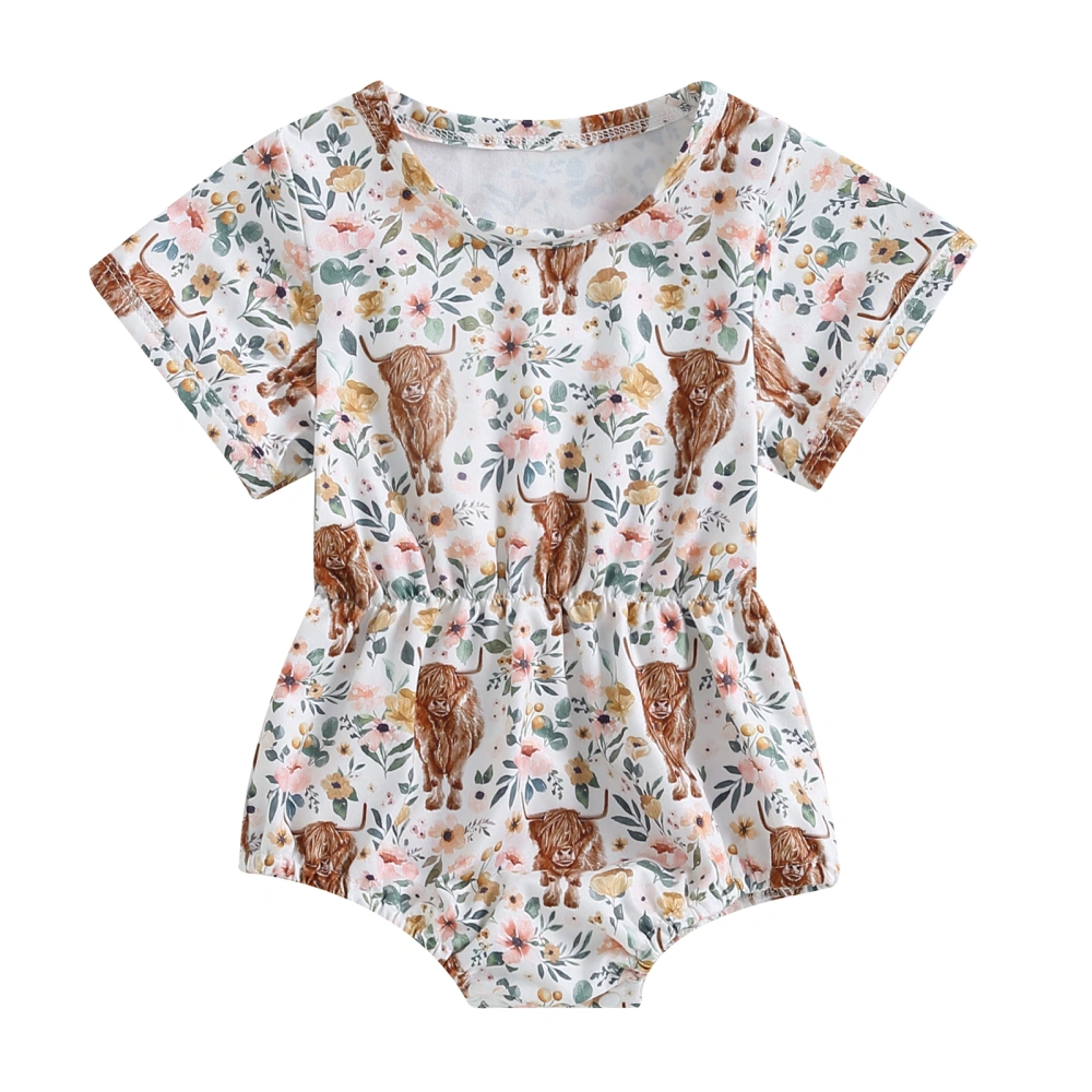 Baby Girl Casual Romper Short Sleeve Floral Cattle Head Print Playsuit