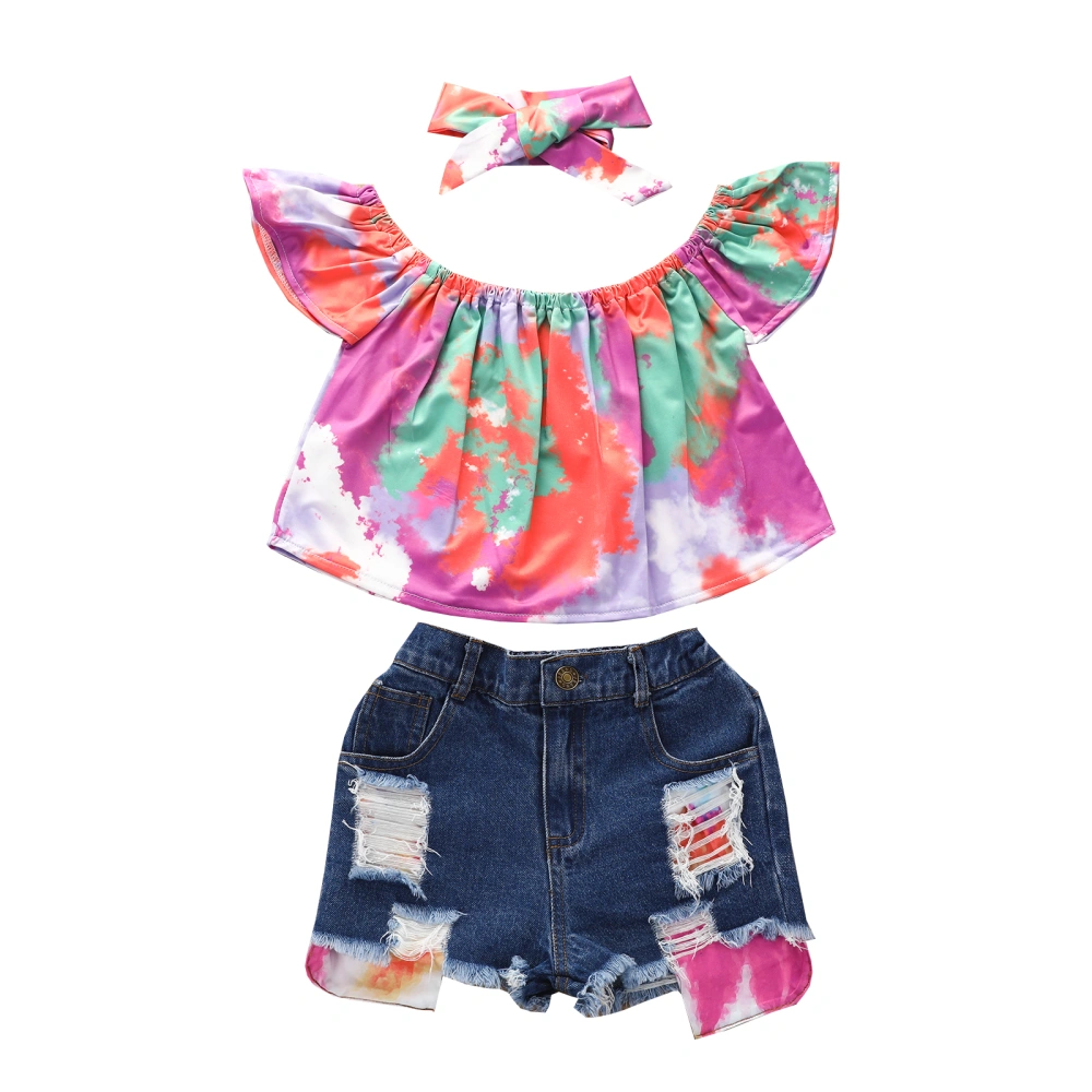 Kids Girls 3-piece Outfit Set Tie-dye Tops+Denim Shorts+Headband Set