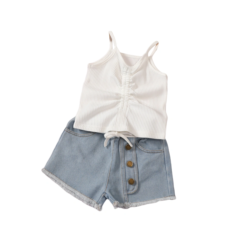 Kids Summer Tracksuit, Girls Ribbed Drawstring Vest + Denim Shorts