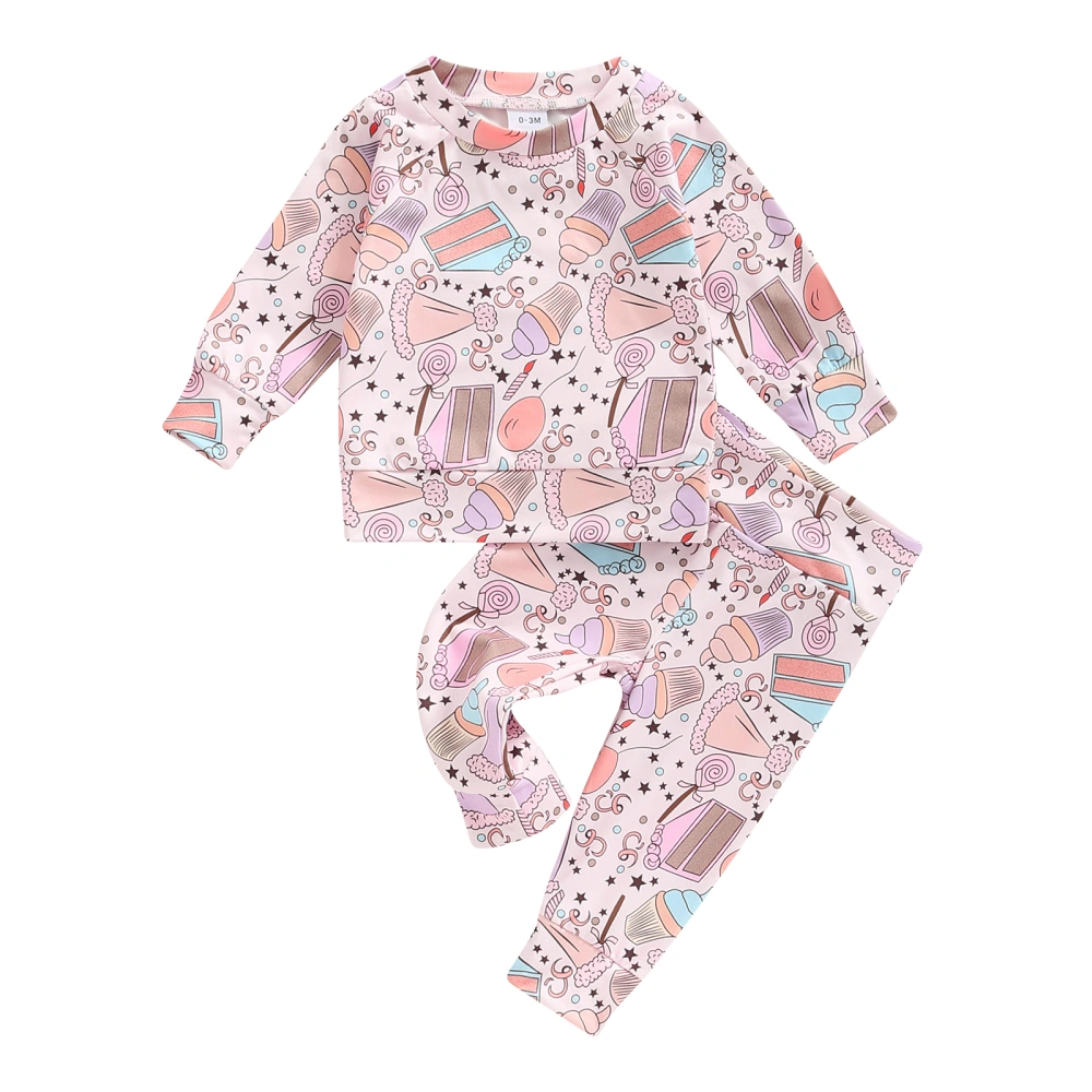 Girls Long Sleeve Round Neck Ice Cream Print Tops Long Pants 