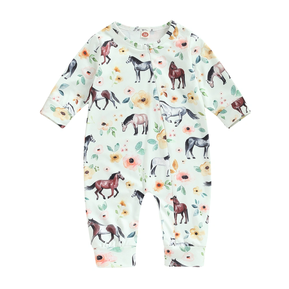 Infant Baby Girls Boys Romper Horse Floral Print Long Sleeve Jumpsuit