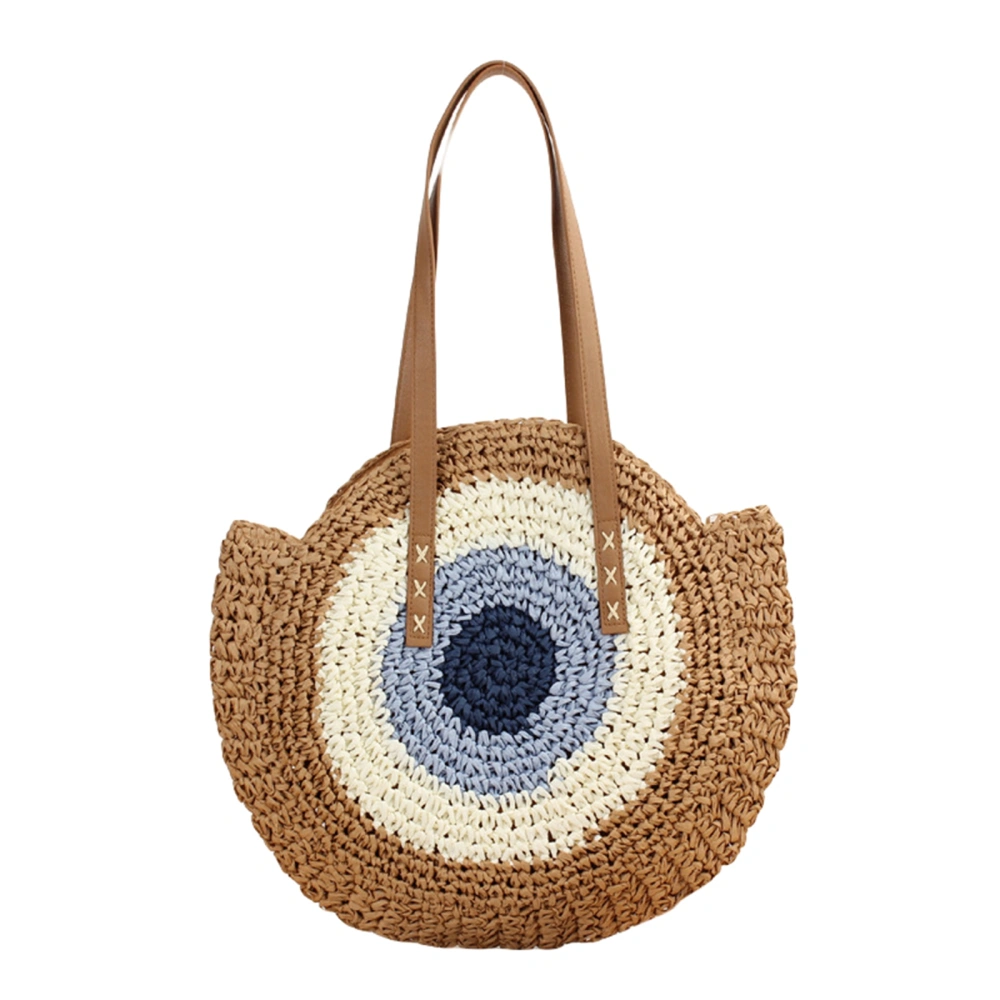 Women Zipper Shoulder Bag, Patchwork Round-shaped Woven Beach Bag