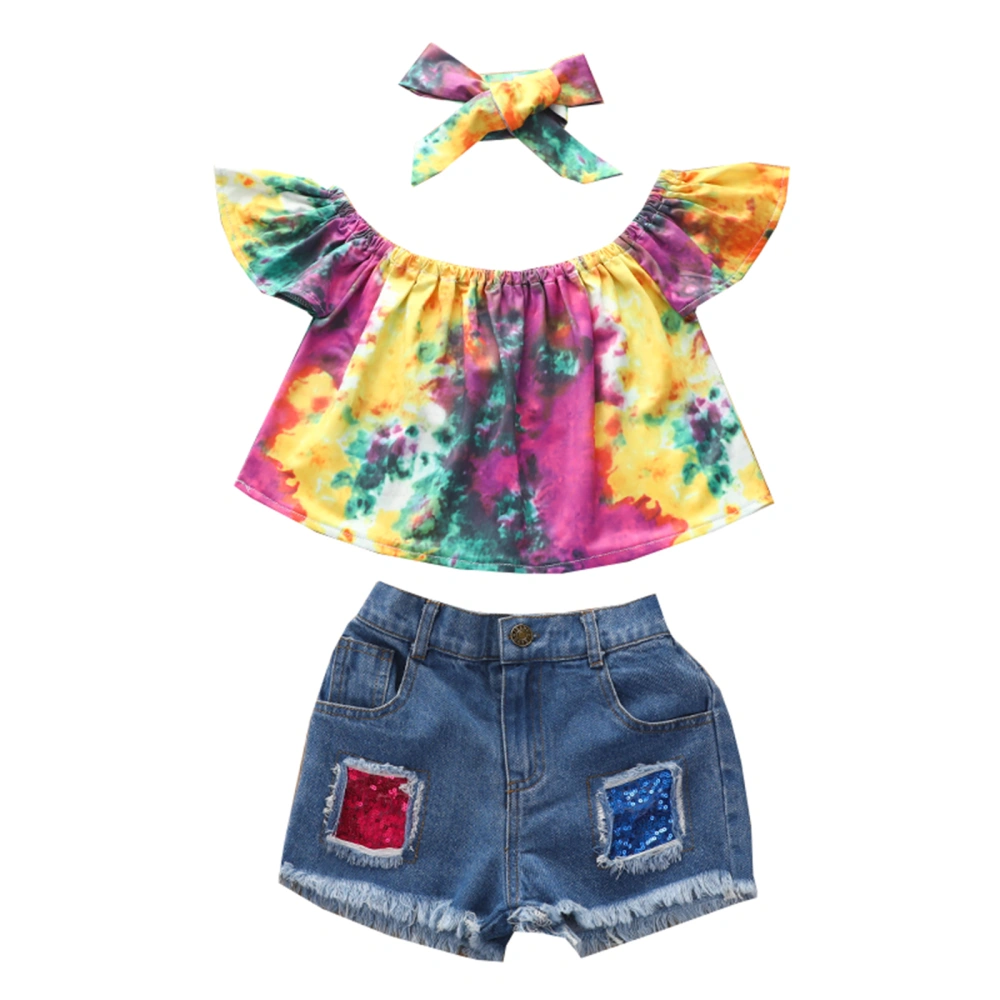 Kids Girls 3-piece Outfit Set Tie-dye Tops+Denim Shorts+Headband Set