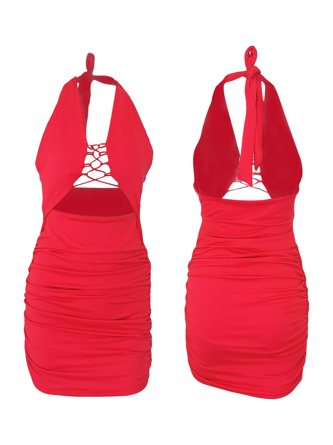 Women Solid Color Bodycon Dress Front Cross Hollow-Out Tie-Up Dress