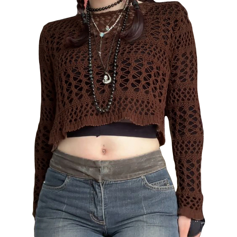 Women Cropped Knitted Tops Solid Color Round Neck Long Sleeve Shirt