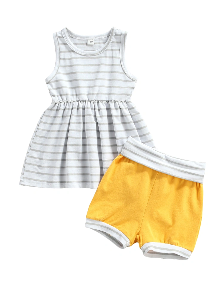 Kids Suit Set, Striped Round Neck Sleeveless Dress+ Short Pants