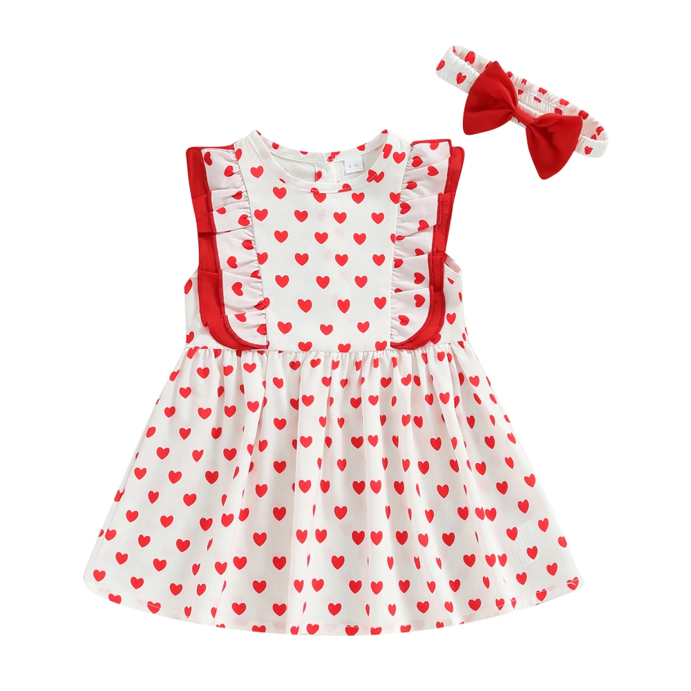 Baby Girl Dresses Sleeveless Round Neck Ruffle Heart Dress, White Red