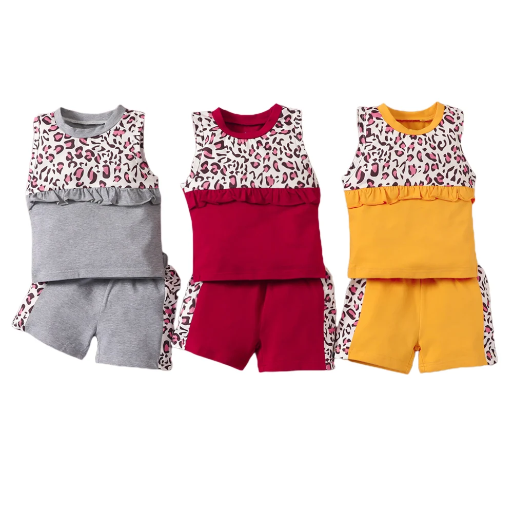 Little Girl’s Leopard Stitching Sleeveless Tops and Short Pants Set