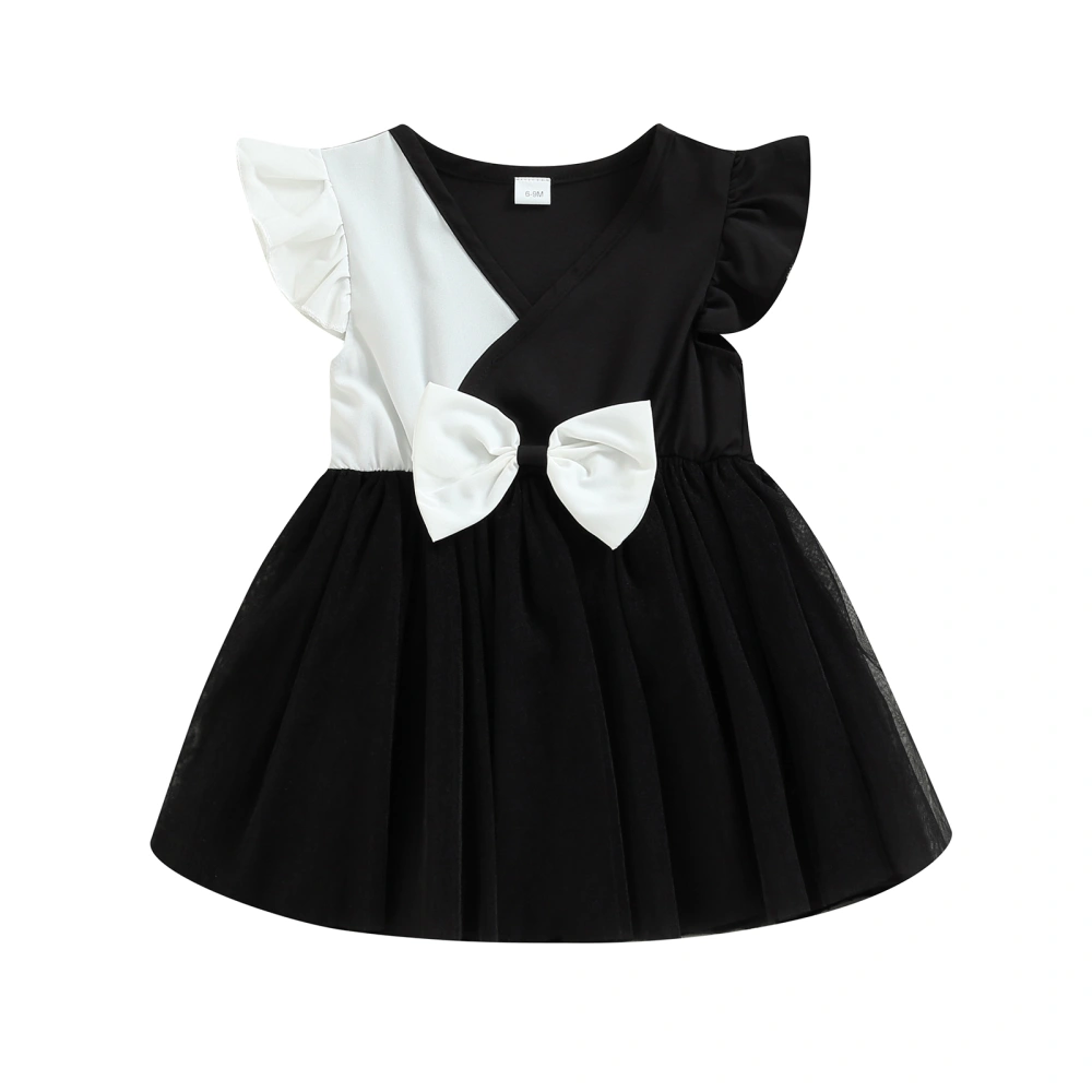 Baby Girl Dress, Fly Sleeve V Neck Contrast Color Bowknot A-line Dress