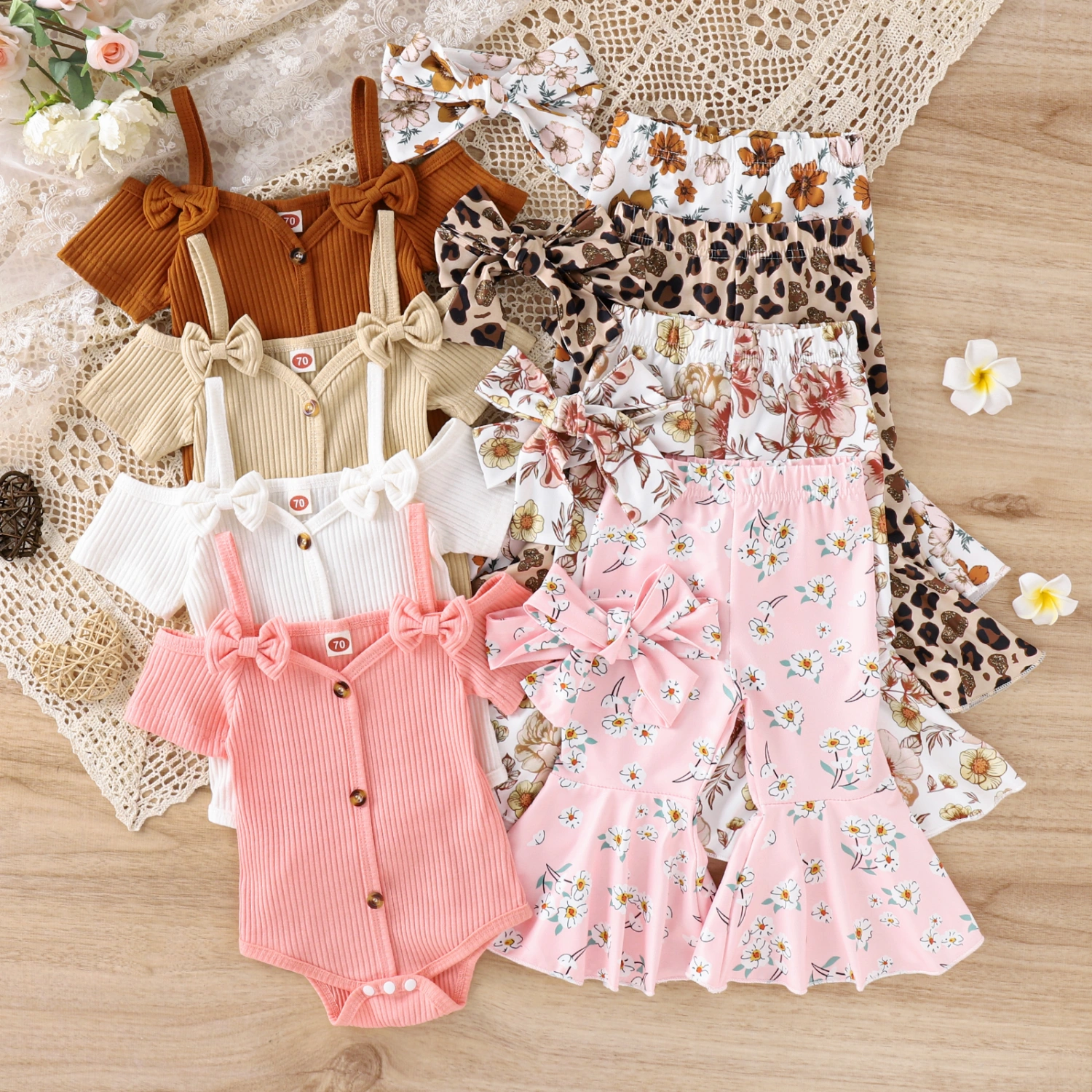 Baby Girl Spring Outfits, Cold Shoulder Romper+Flare Pants+Headband