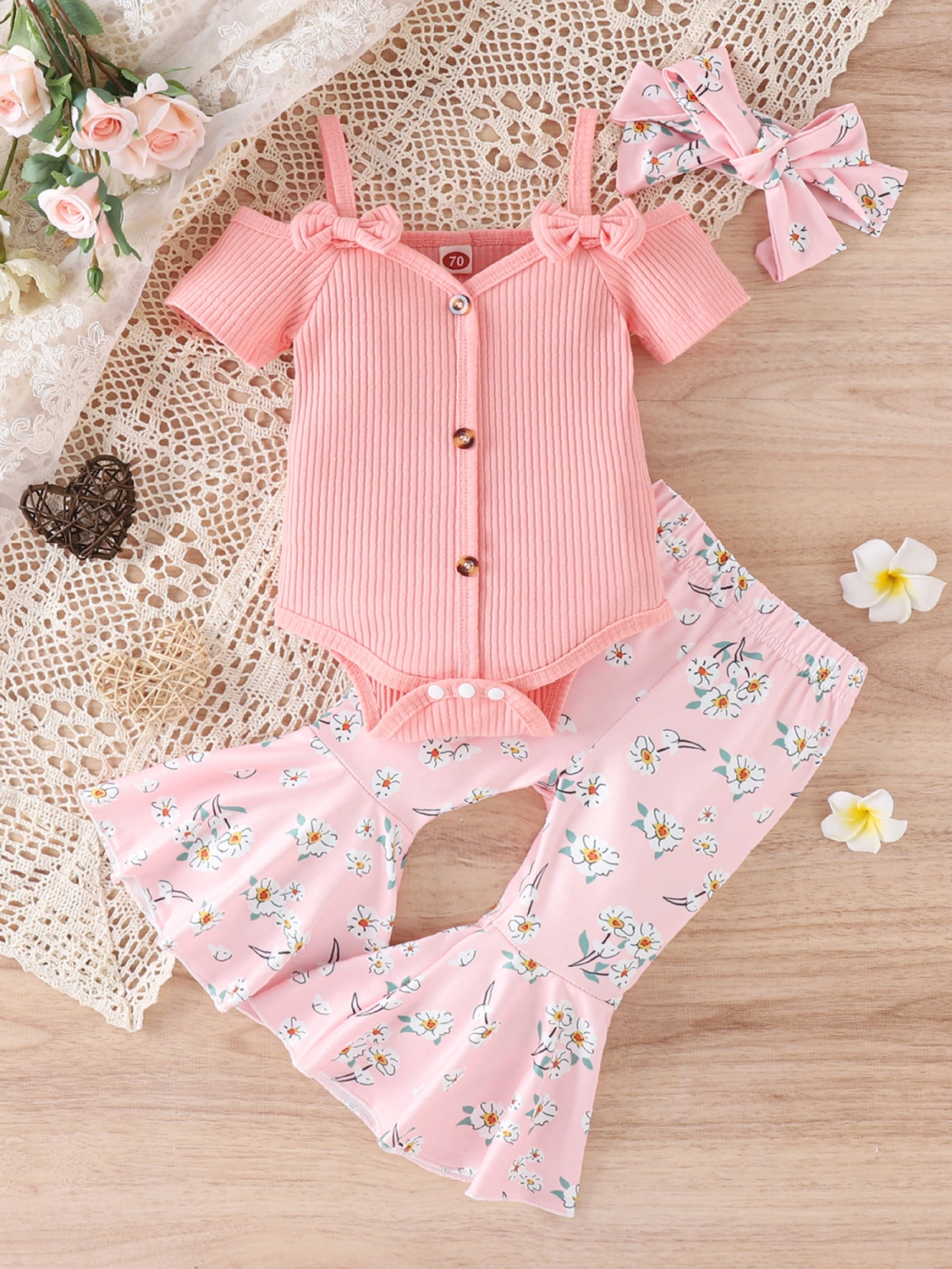 Baby Girl Spring Outfits, Cold Shoulder Romper+Flare Pants+Headband