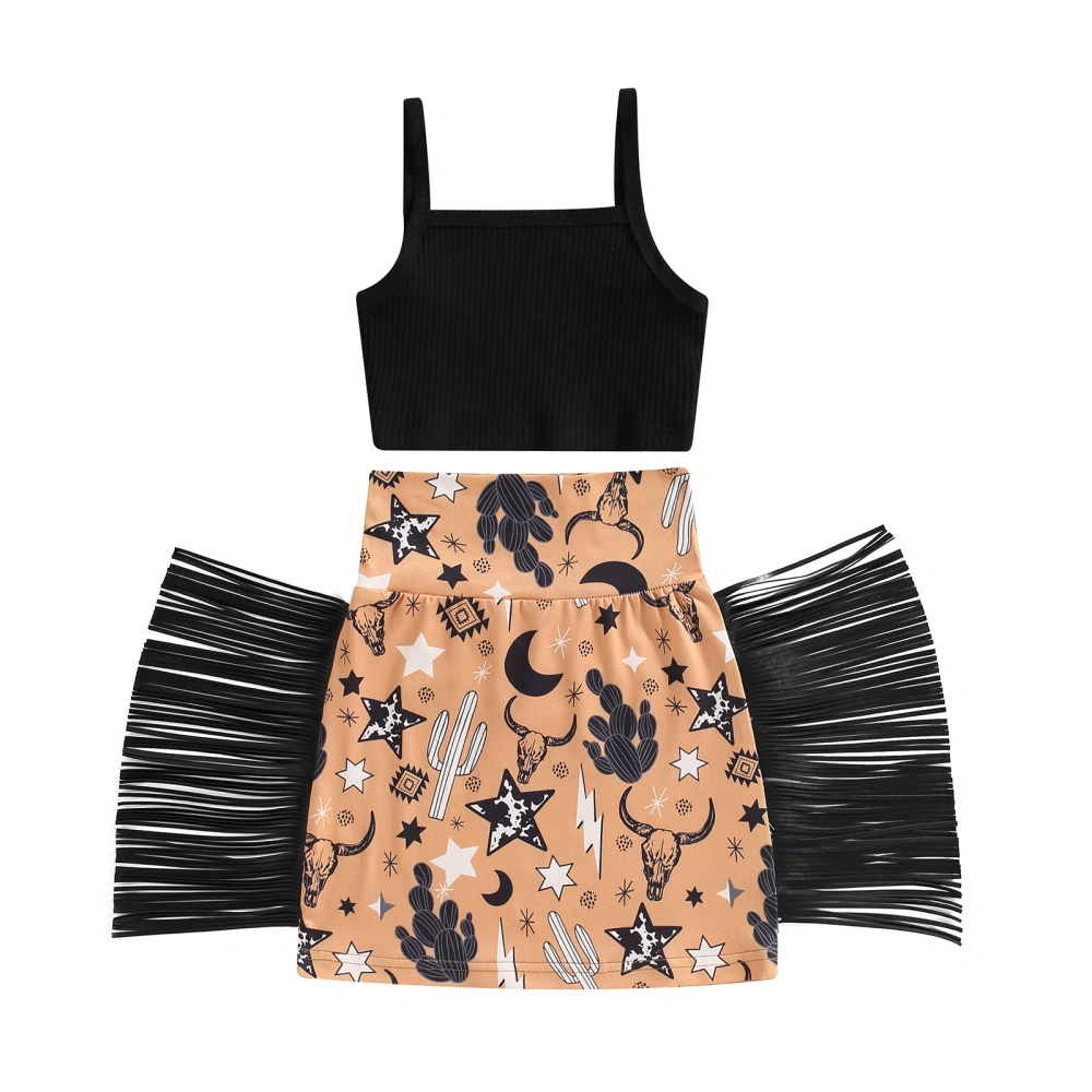 Girls Black Sleeveless Camisole + Cactus & Cattle Head Print Skirt