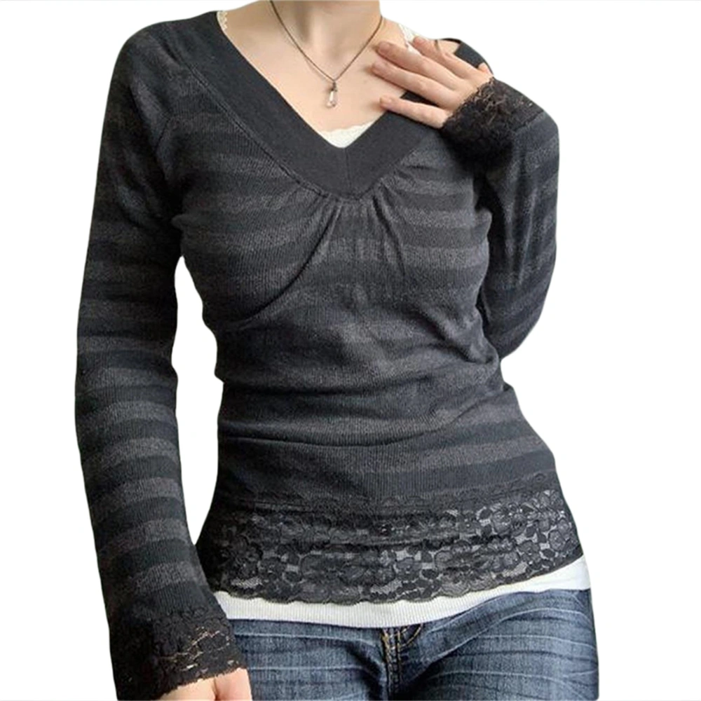 Women's Spring Autumn Long Sleeve V Neck Striped Knitted Sweater