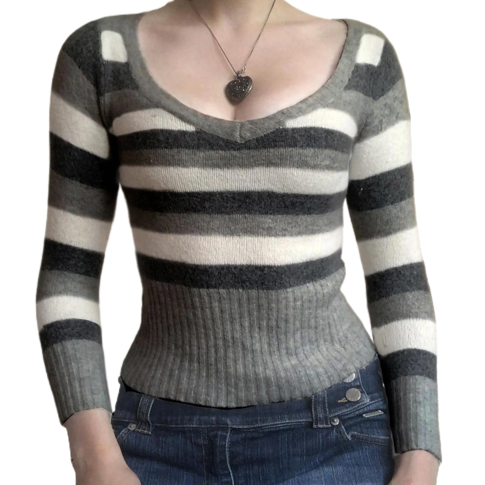 Women’s Knit Tops, Long Sleeve V Neck Striped Print Slim Fit T-Shirts