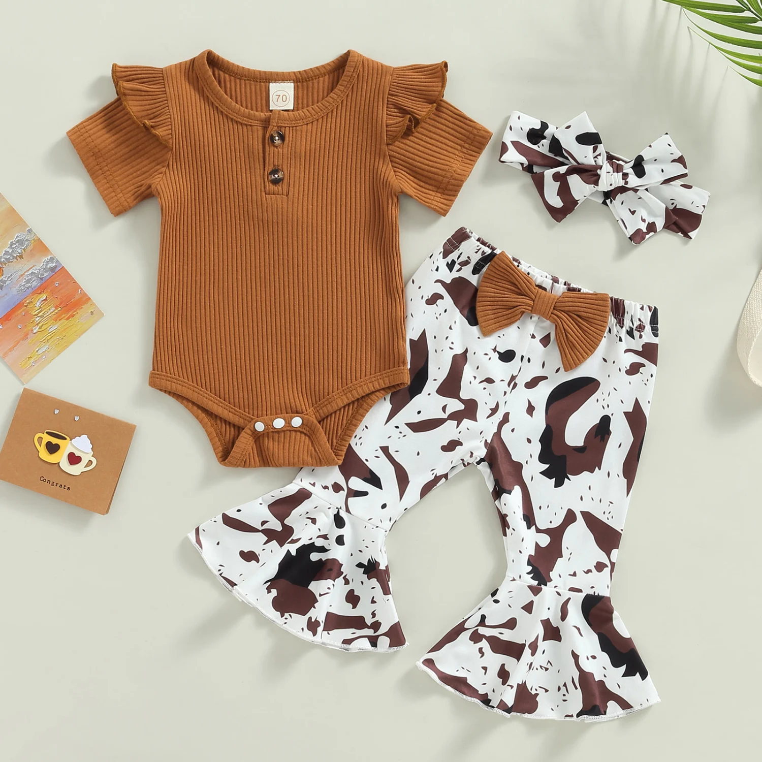 Baby Clothes Suits Solid Color Romper Flare Pants Headband Set