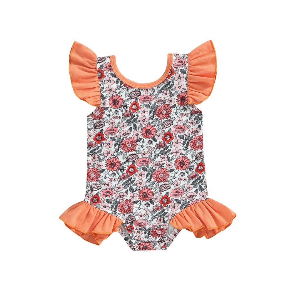 Kids Girl Swimsuits Floral Ruffles Flying Sleeve Jumpsuit Swimwear 