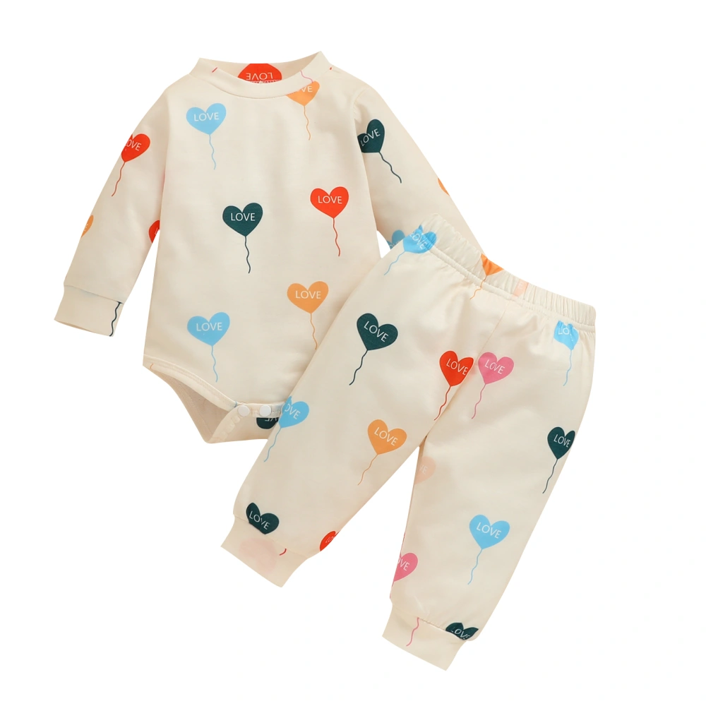 Baby 2Pcs Spring Outfits, Heart Balloon Print Romper + Pants Set