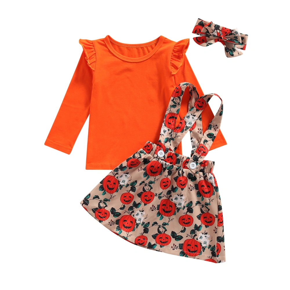 Girl’s Long Sleeve Tops and Pumpkin Suspender Skirt with Headband