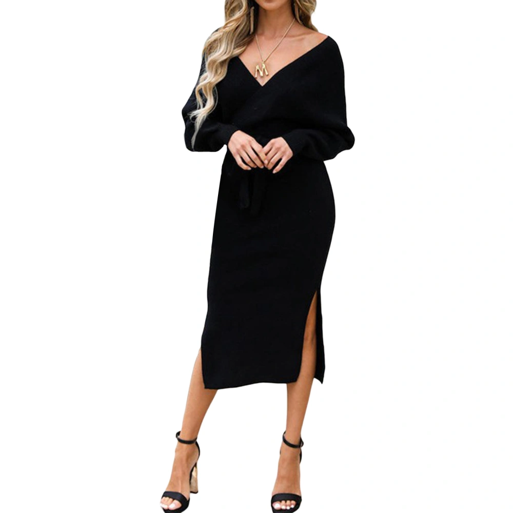 Solid Color Deep V-Neck Long Sleeve Backless Dress with Waist Belt