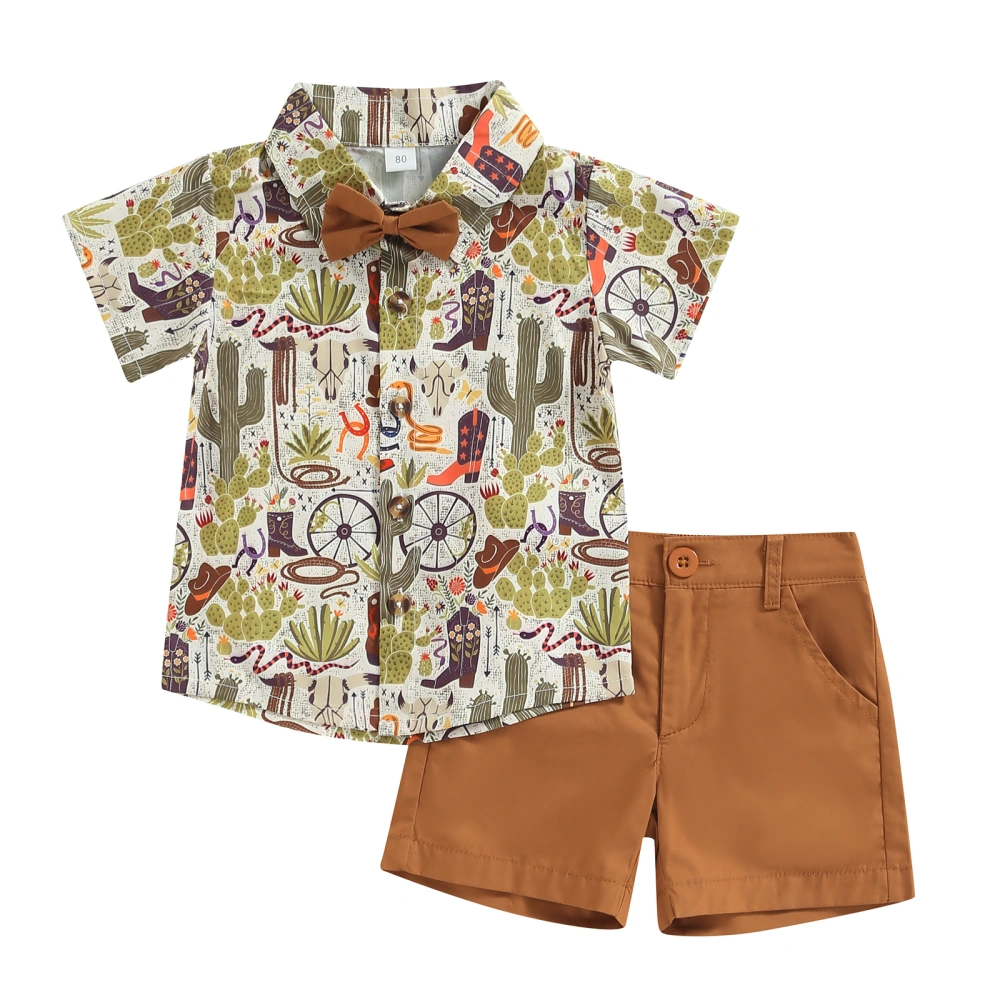 Boys Gentleman Outfits Cactus Print T-shirt with Bow Tie and Shorts