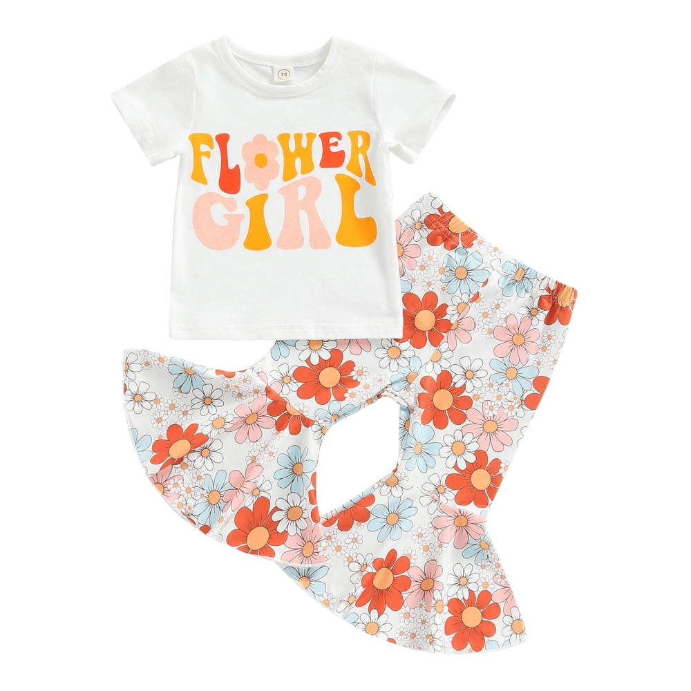 Toddler Girls Short Sleeve Letter Print Tops + Floral Flared Pants