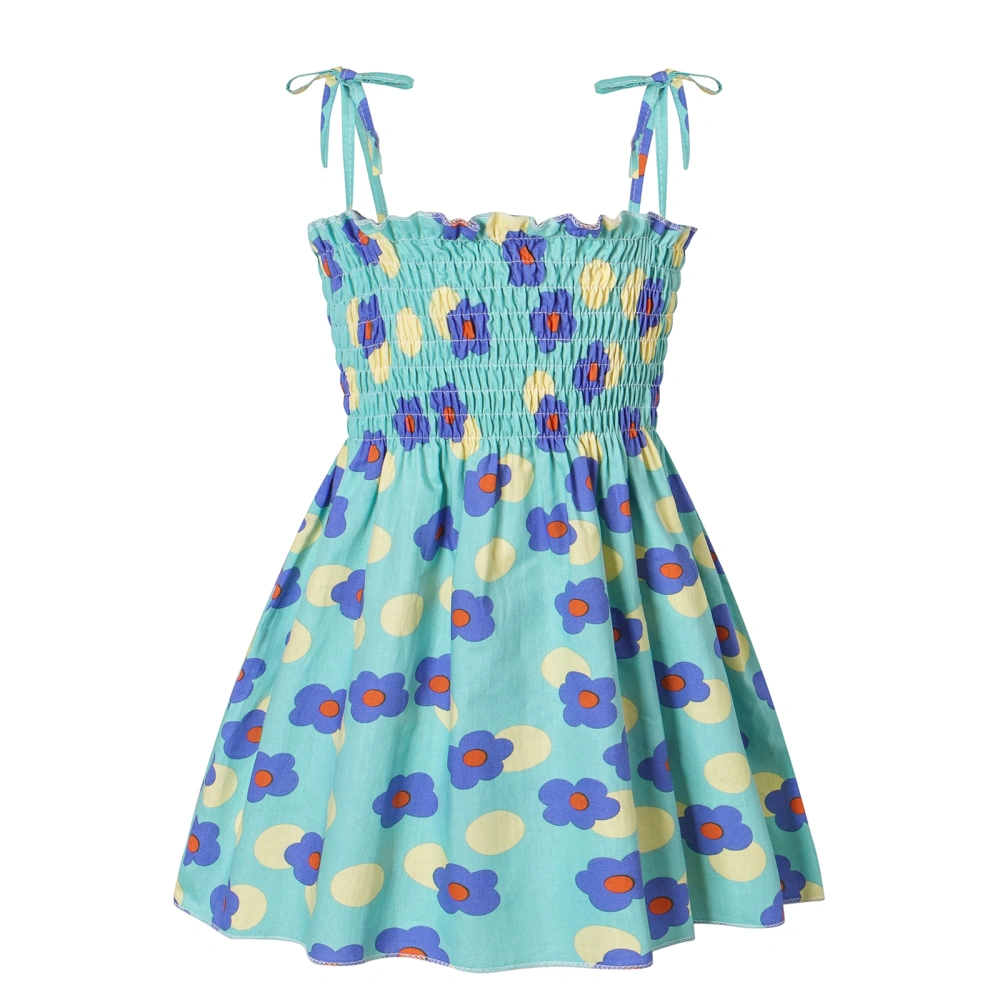 Little Girls Smocked Dress, Sleeveless Dots Floral Print A-line Dress