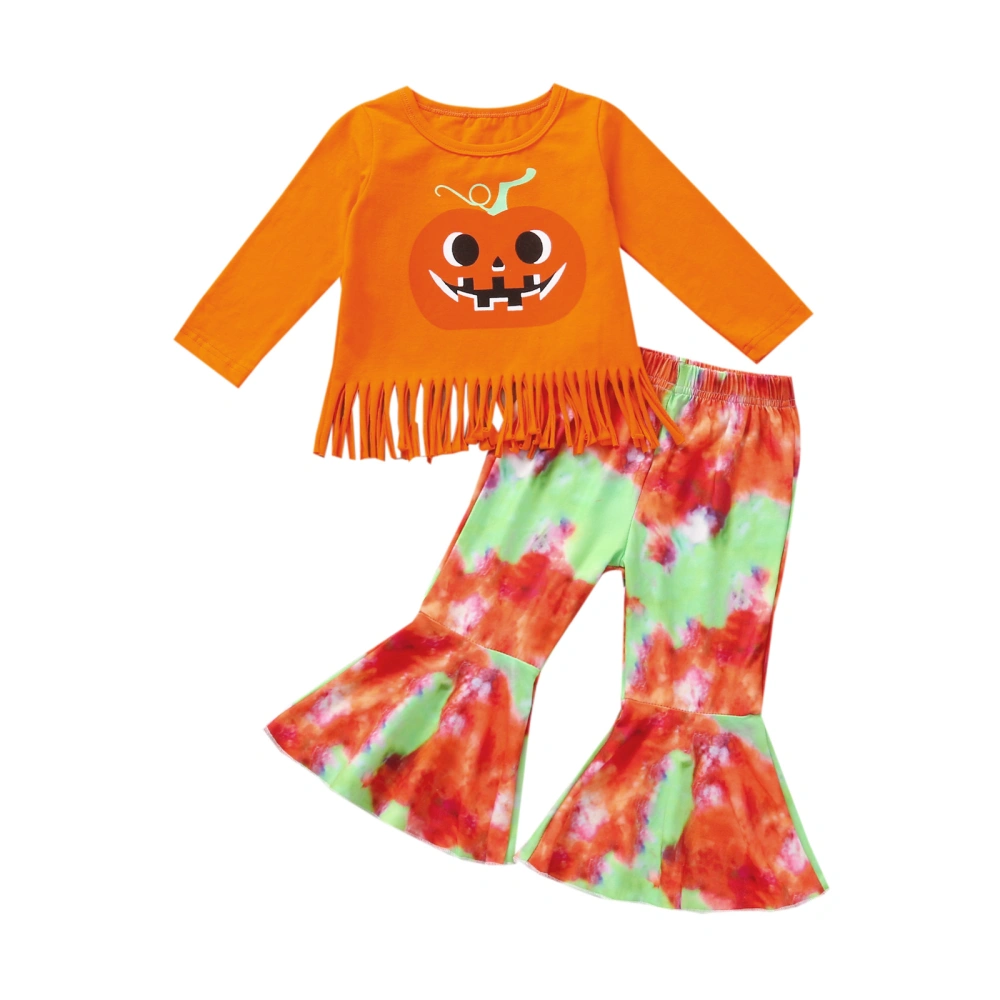 Kids Pumpkin Print O-Neck Long Sleeve Tops+ Tie-Dyed Flared Trousers