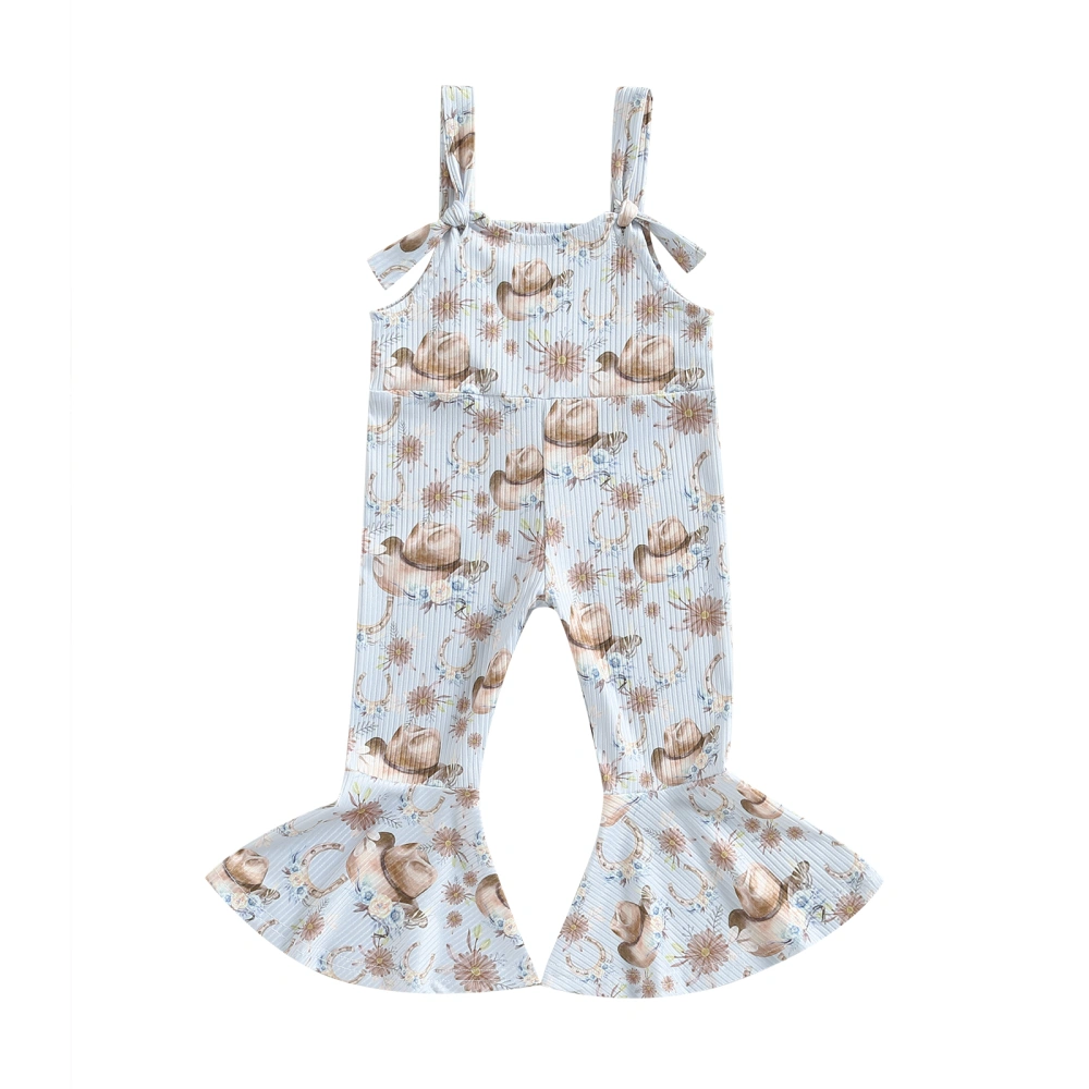 Girl Suspender Jumpsuit Bull Head Floral Print Rompers Flared Pants