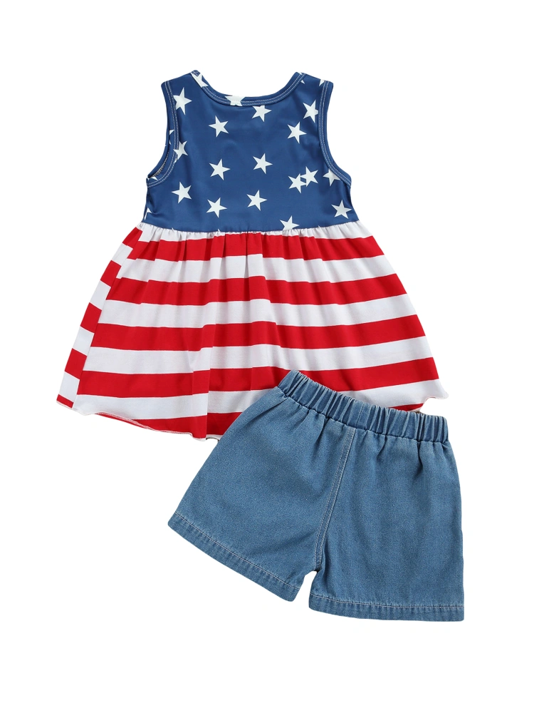 Girls Independence Day Clothes Set, Striped Tops+Ripped Short Jeans