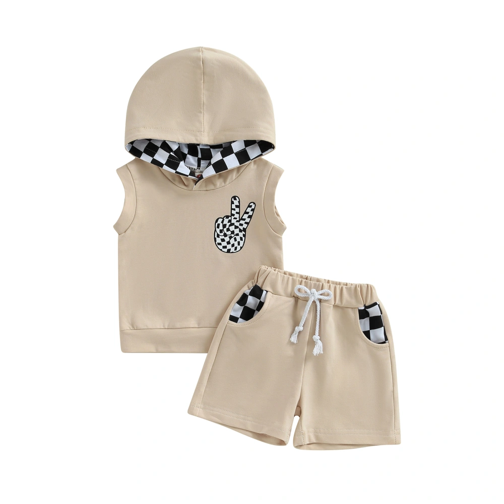 Boys Sleeveless Hooded Vest and Drawstring Checkerboard Shorts Sets