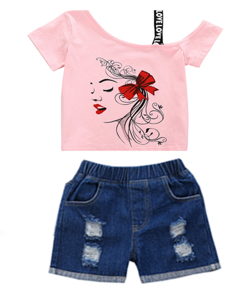 Kids Floral Print Round Neck Short Sleeve Pullover+ Ripped Denim Shorts