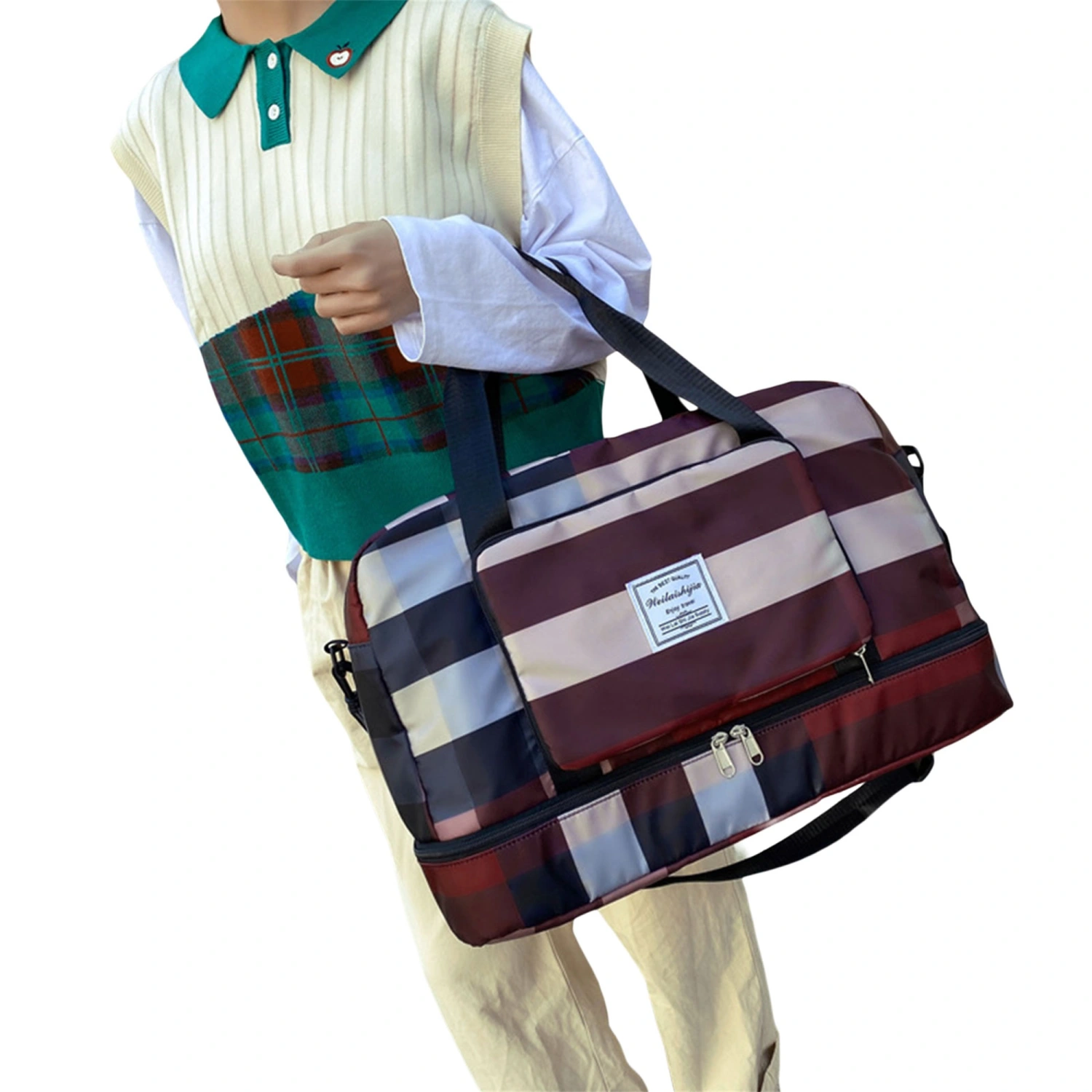 Weekender Overnight Bag, Plaid Travel Duffel Bag, Sports Gym Bag