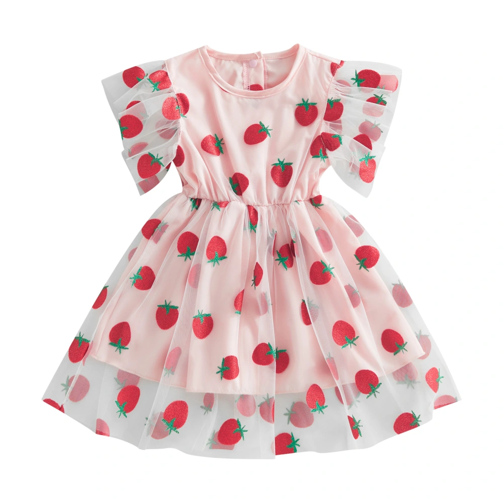 Baby Girl Dress, Fly Sleeve Crew Neck Strawberry Tulle A-line Dress