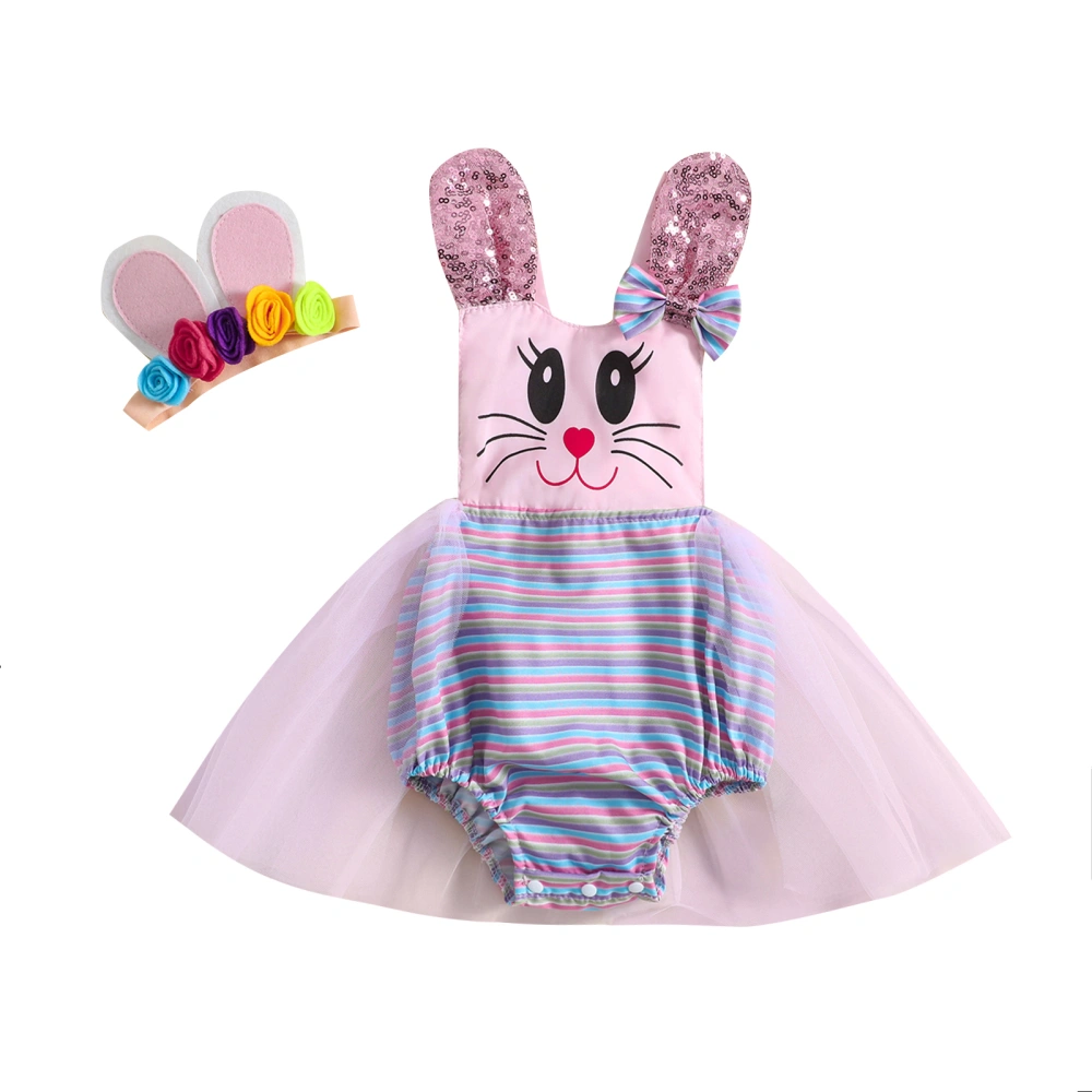 Girl Rabbit Stripe Print Sequin Ears A-Line Romper + Bow Headband