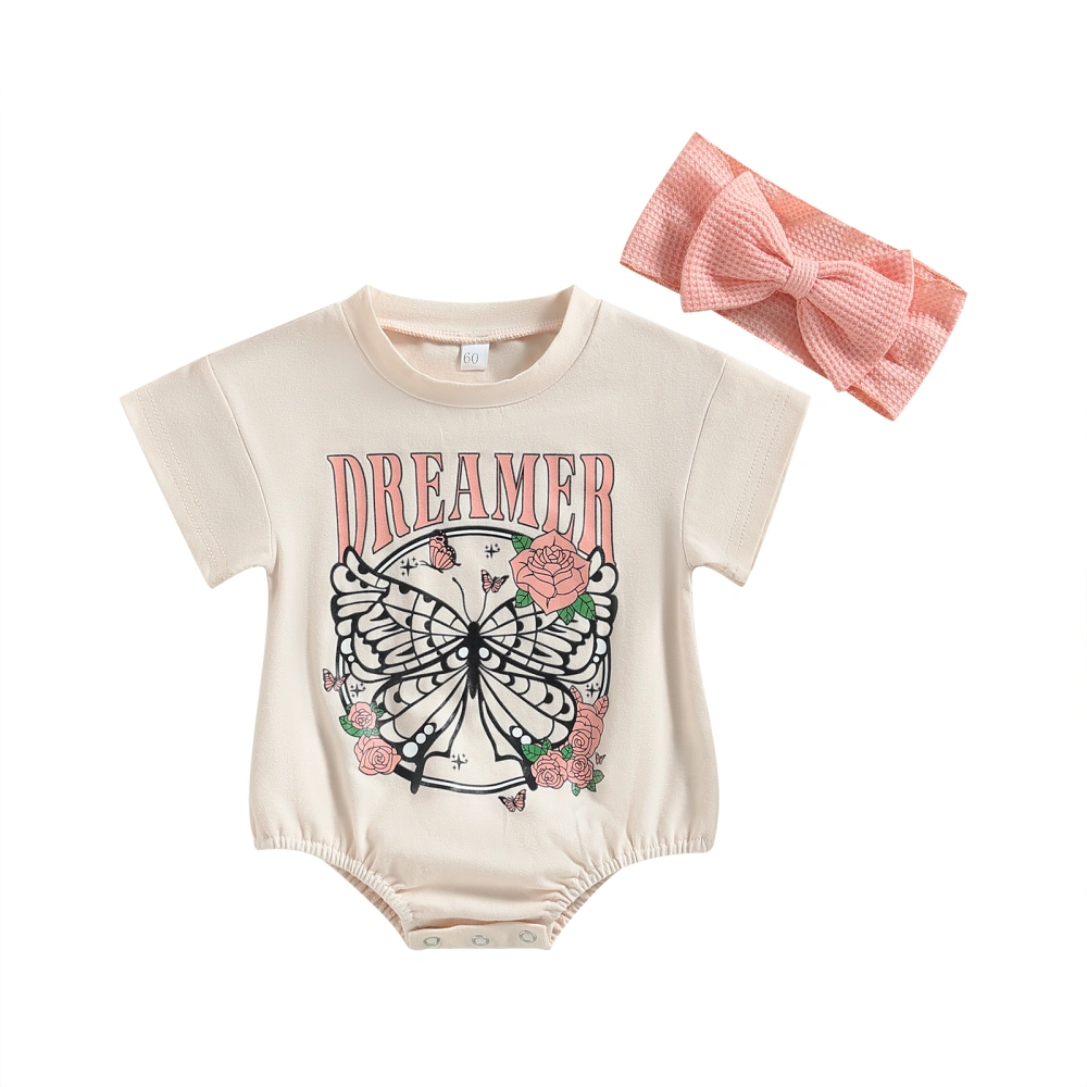 Baby Girls Romper Set Letters Butterfly Flower Print Romper + Headband