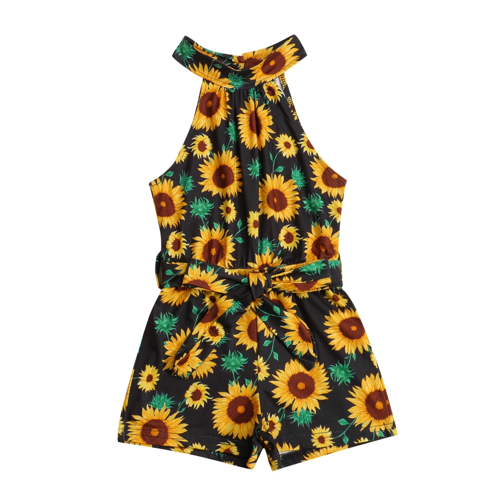 Kids Sunflower Print Round Neck Sleeveless Romper with Waist Belt