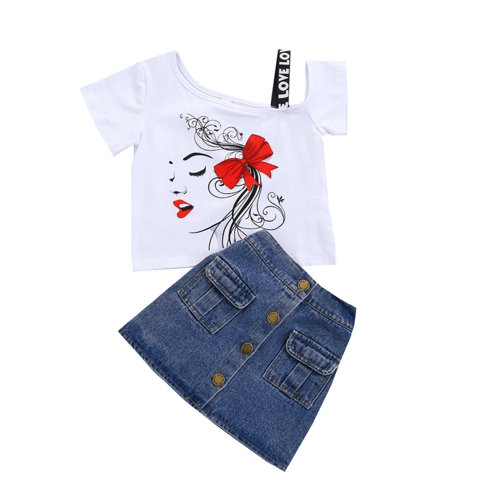 2PCS Toddler Girls Summer Clothes Short Sleeve Strap T-Shirts + Mini Denim Skirt