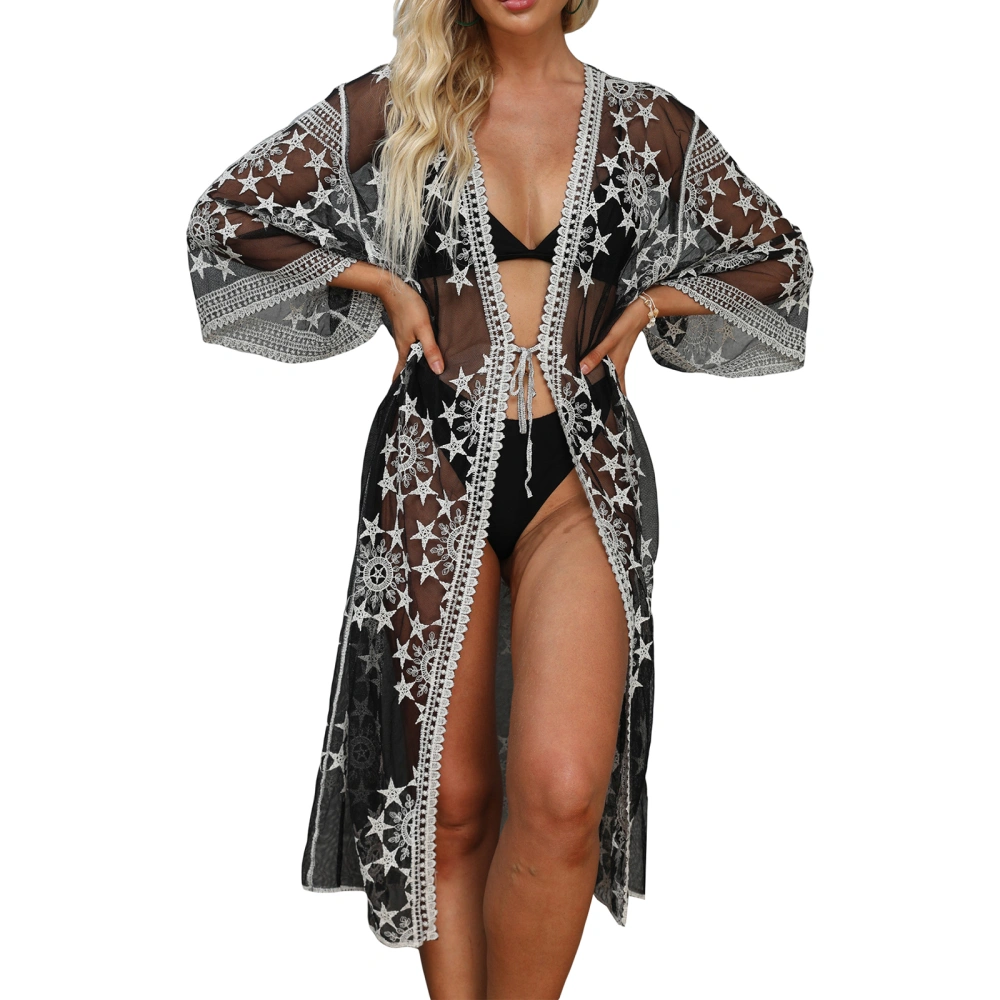 Women Kimono Bikini Cover Up Star Embroidery Mesh Cardigan Smock