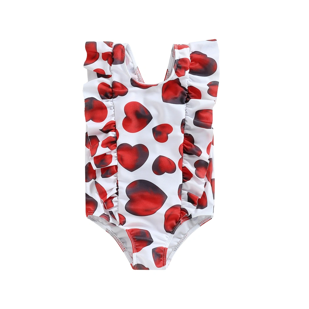 Kids Girls Romper Swimsuits Heart Print Crew Neck Ruffles Swimwear