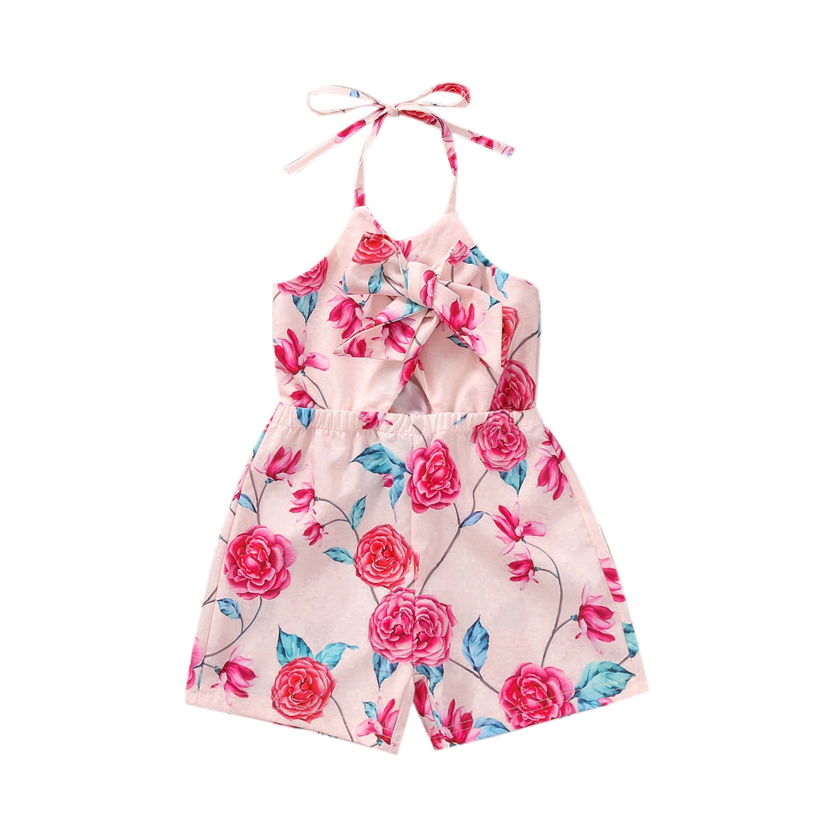 Girl’s Flower Bow V-neck Hollow Bandage Halter Short Jumpsuit