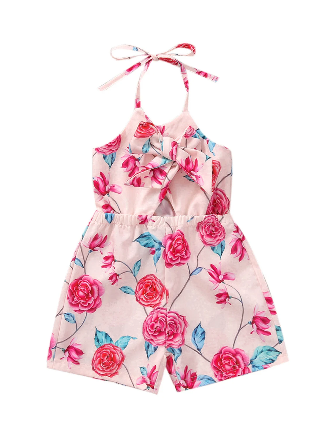 Girl’s Flower Bow V-neck Hollow Bandage Halter Short Jumpsuit