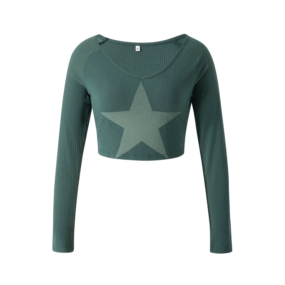 Women's Ribbed Knit Crop Tops, Long Sleeve V Neck Star Print T-Shirts