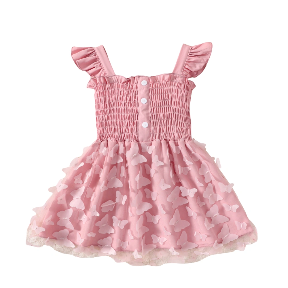 Girl Summer Dress, Sleeveless Button Front 3D Butterfly A-line Dress