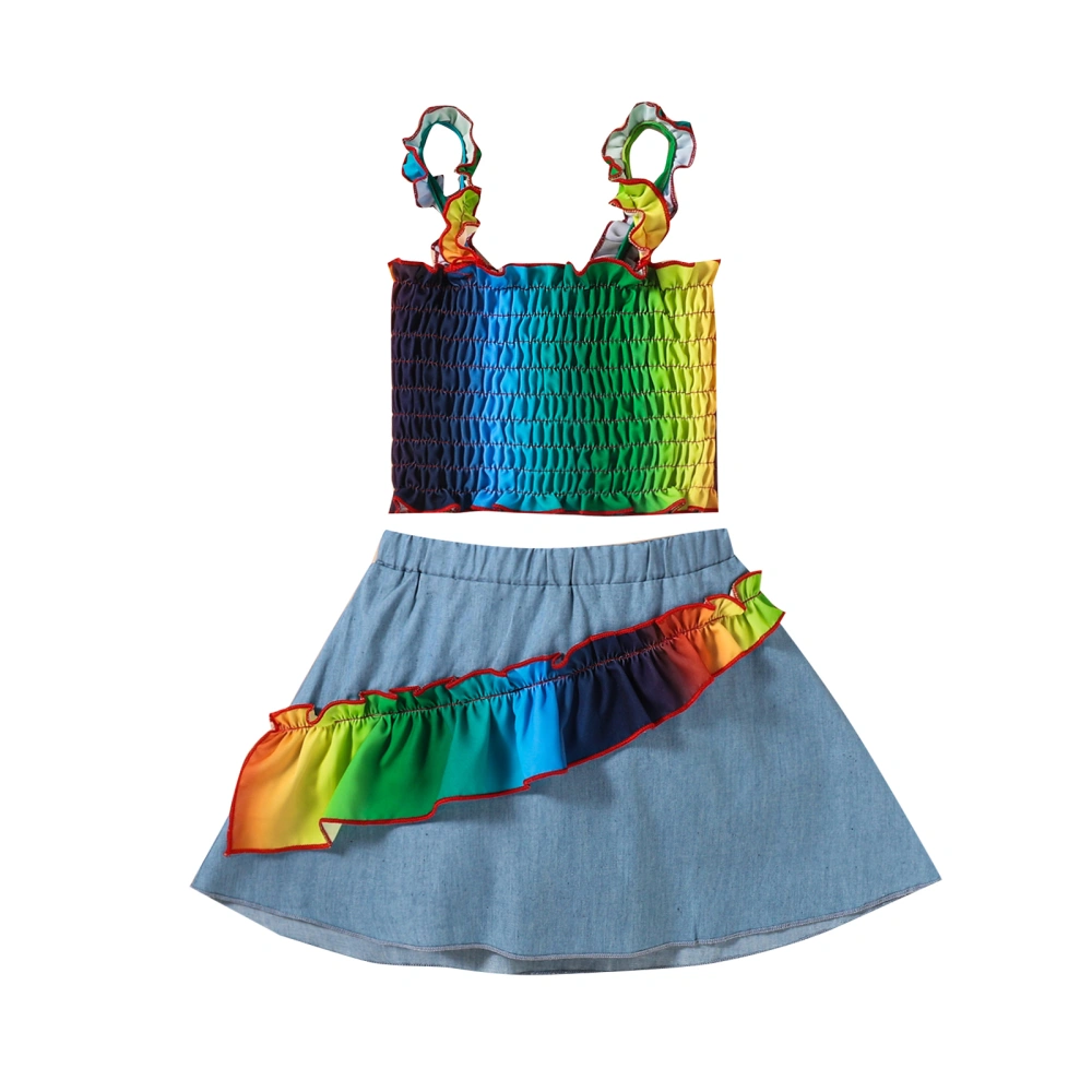 Girl’s Rainbow Ruffles Camisole and Stitching Denim Short Skirt Set