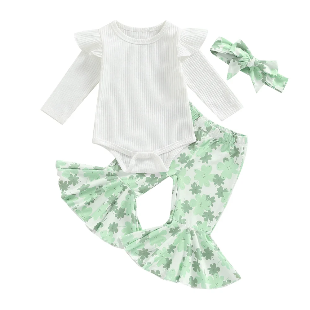 Baby Girls Pants Set, Romper + Four-leaf Clover Flare Pants + Headband