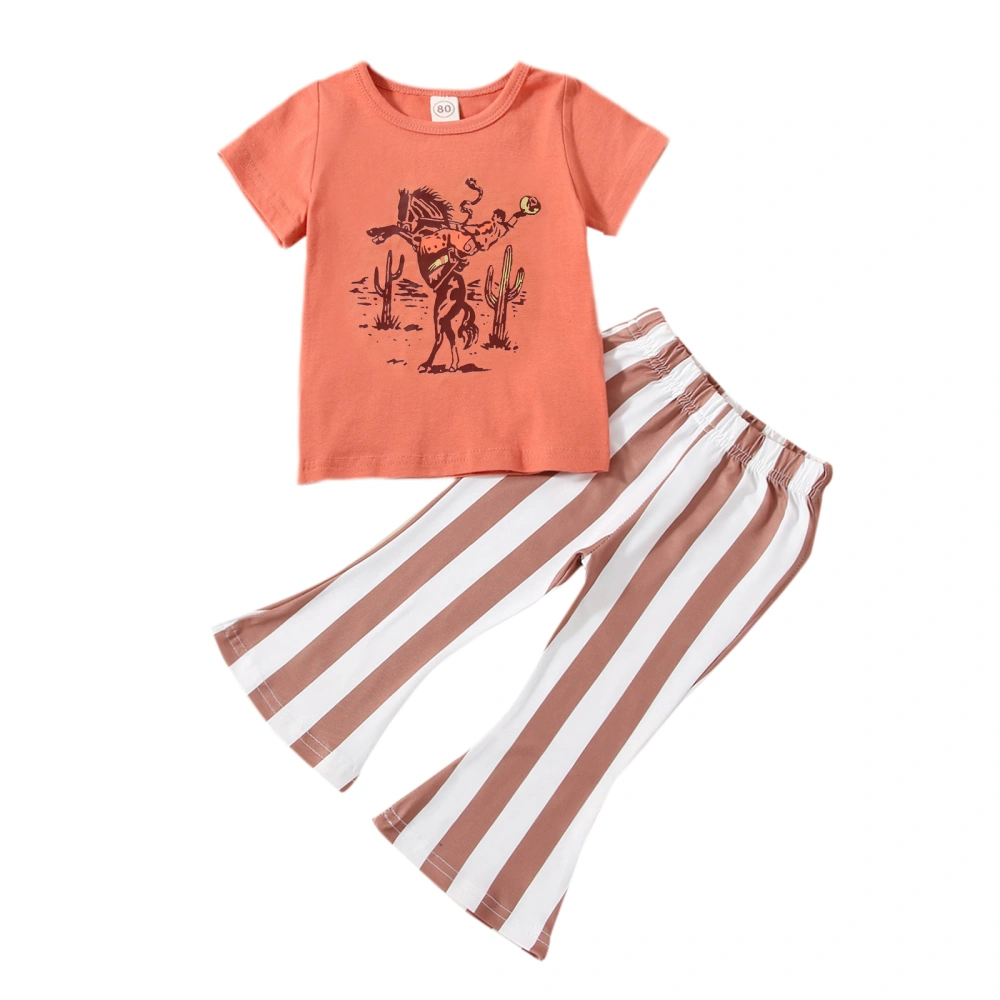 Girl Horse Print Short Sleeve T-Shirt + Stripe Pattern Flare Pants